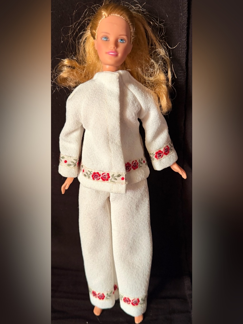 (vintage barbie )Kids White Embroidered Jacket and Pants Set with Red Rose Trim